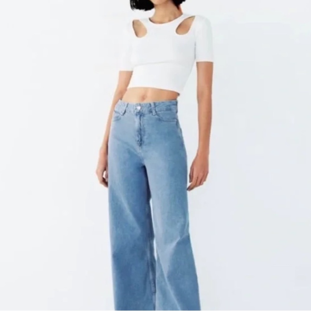 zara ribbed white short sleeve shirt with cutouts